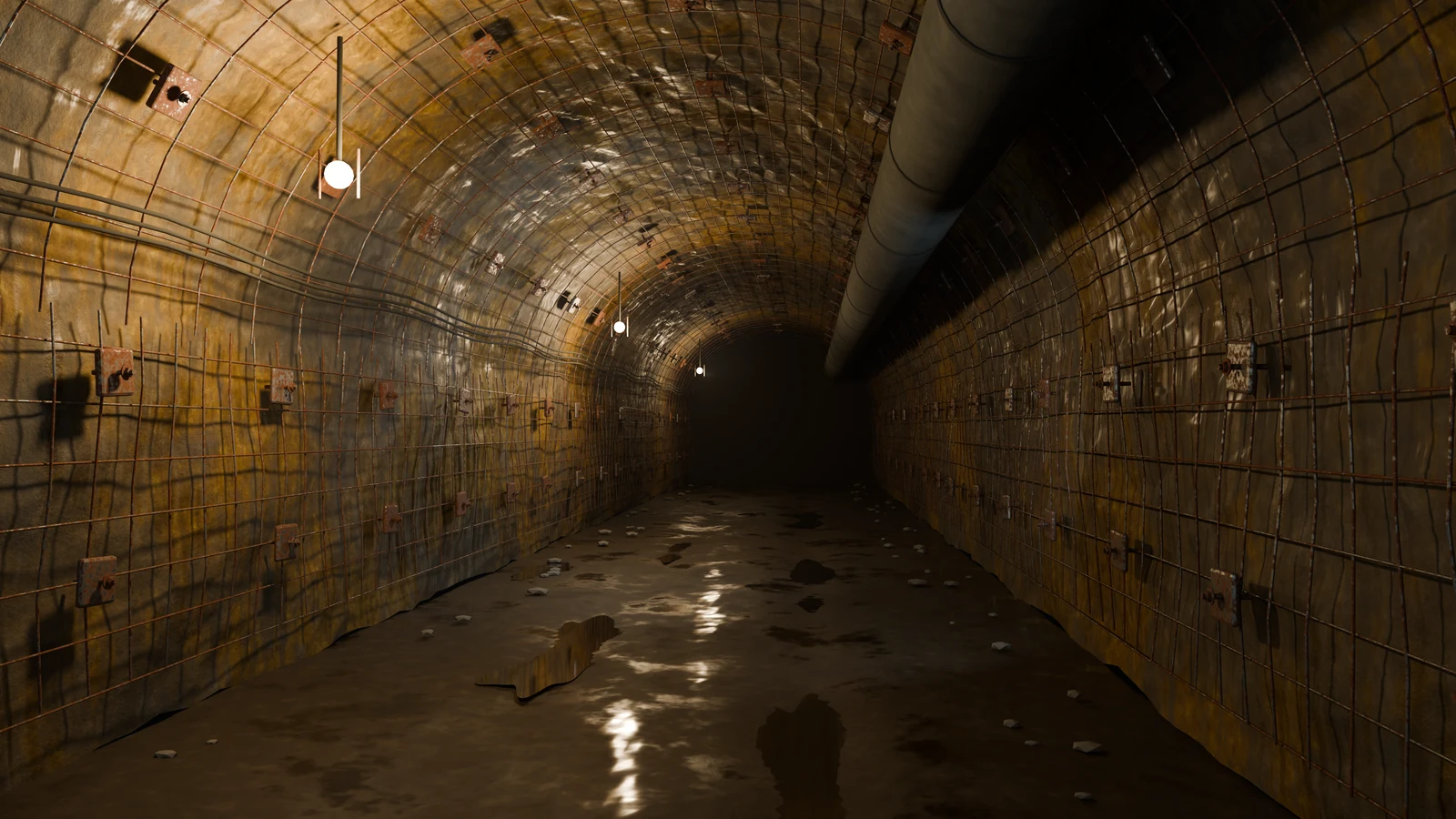 Synthetic 3D tunnel with support mesh, bolt plates, service pipes and a wet floor.